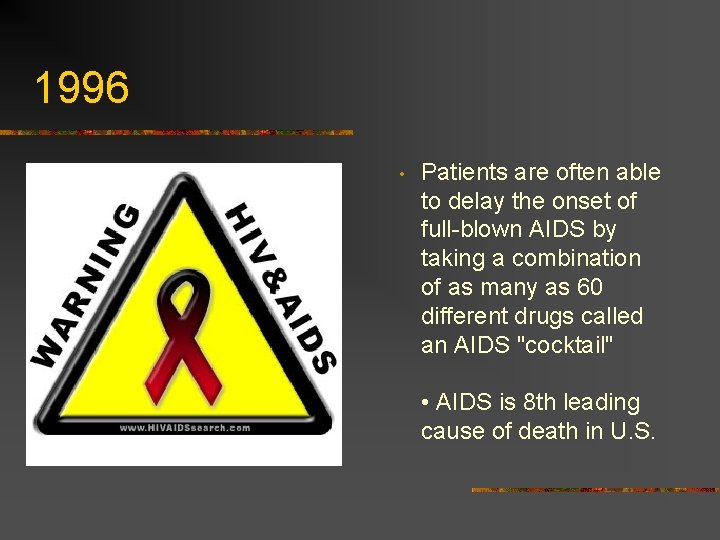 1996 • Patients are often able to delay the onset of full-blown AIDS by