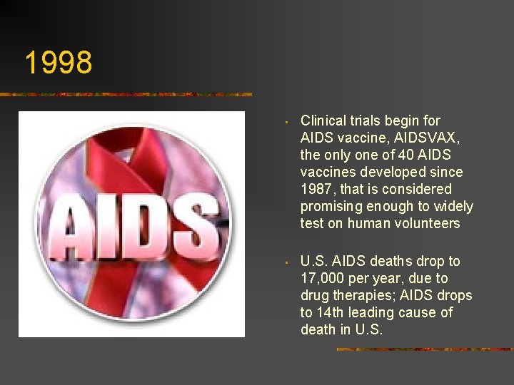 1998 • Clinical trials begin for AIDS vaccine, AIDSVAX, the only one of 40