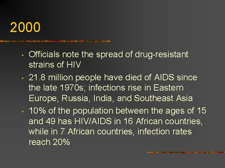 2000 • • • Officials note the spread of drug-resistant strains of HIV 21.