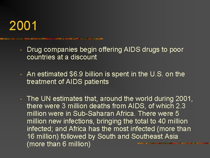 2001 • Drug companies begin offering AIDS drugs to poor countries at a discount