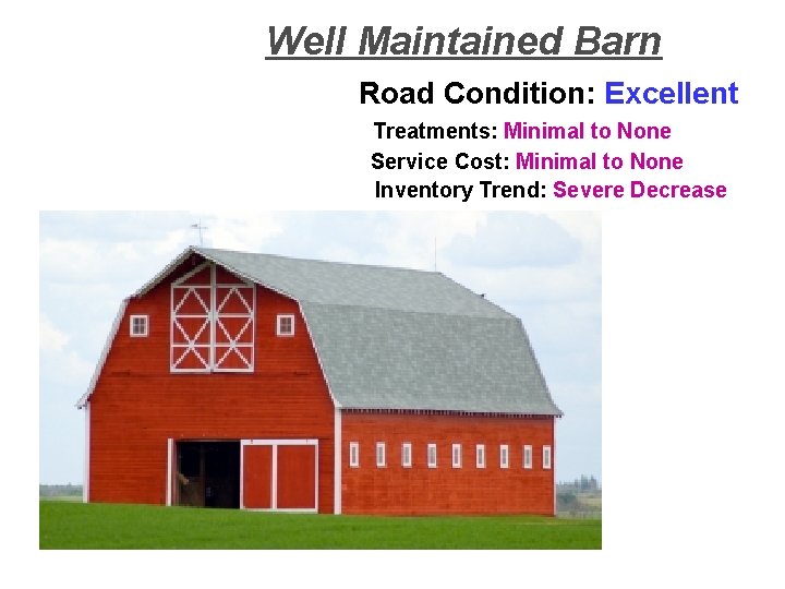 Well Maintained Barn Road Condition: Excellent Treatments: Minimal to None Service Cost: Minimal to