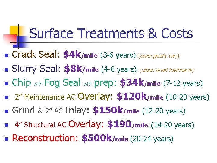 Surface Treatments & Costs n n n n Crack Seal: $4 k/mile (3 -6