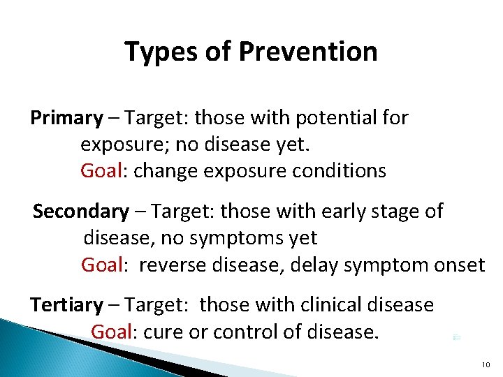 Types of Prevention Primary – Target: those with potential for exposure; no disease yet.
