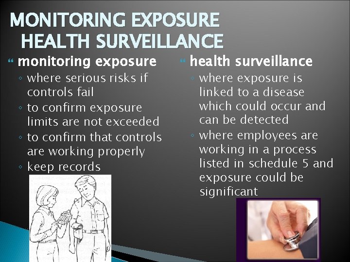 MONITORING EXPOSURE HEALTH SURVEILLANCE monitoring exposure ◦ where serious risks if controls fail ◦