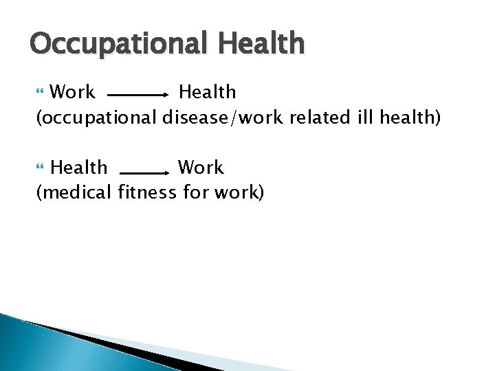 Occupational Health Work Health (occupational disease/work related ill health) Health Work (medical fitness for