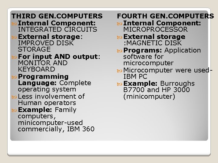 THIRD GEN. COMPUTERS Internal Component: INTEGRATED CIRCUITS External storage: IMPROVED DISK STORAGE For input