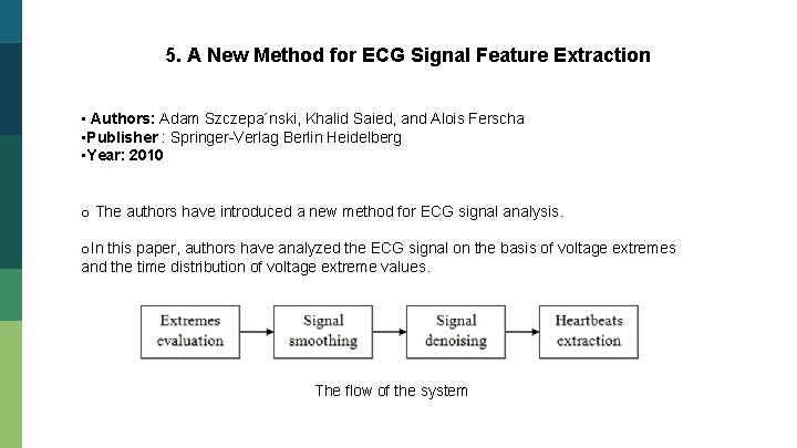 5. A New Method for ECG Signal Feature Extraction • Authors: Adam Szczepa´nski, Khalid