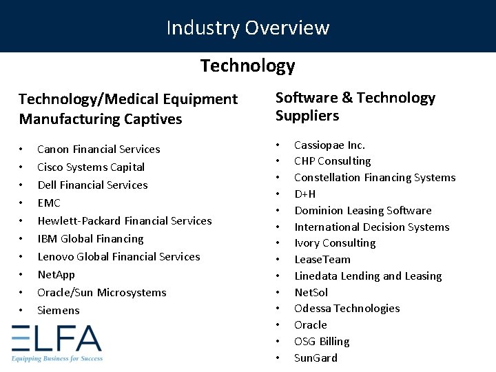 Industry Overview Technology/Medical Equipment Manufacturing Captives • • • Canon Financial Services Cisco Systems