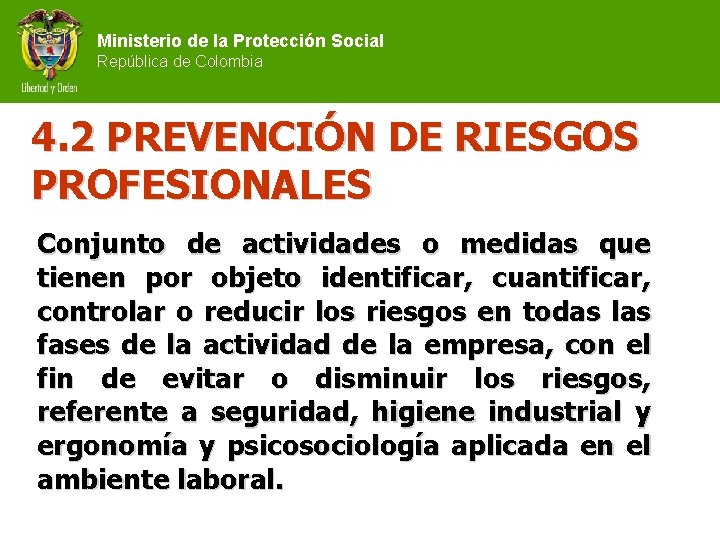 Ministerio de la Protección Social República de Colombia 4. 2 PREVENCIÓN DE RIESGOS PROFESIONALES