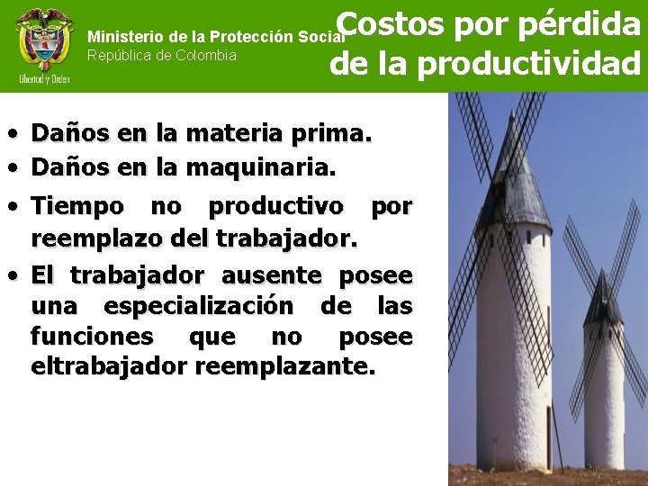 Costos por pérdida de la productividad Ministerio de la Protección Social República de Colombia