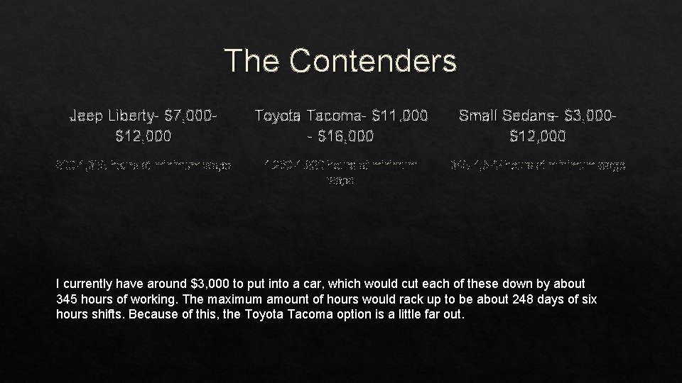 The Contenders Jeep Liberty- $7, 000$12, 000 Toyota Tacoma- $11, 000 - $16, 000