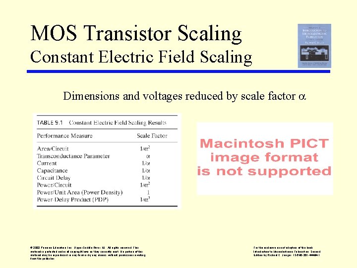 MOS Transistor Scaling Constant Electric Field Scaling Dimensions and voltages reduced by scale factor