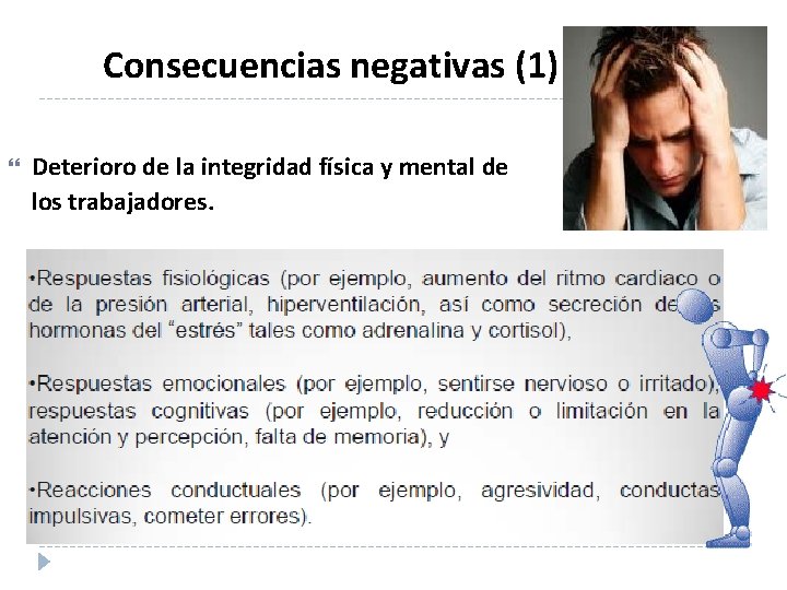 Consecuencias negativas (1) Deterioro de la integridad física y mental de los trabajadores. 