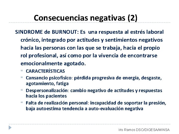 Consecuencias negativas (2) SINDROME de BURNOUT: Es una respuesta al estrés laboral crónico, integrado