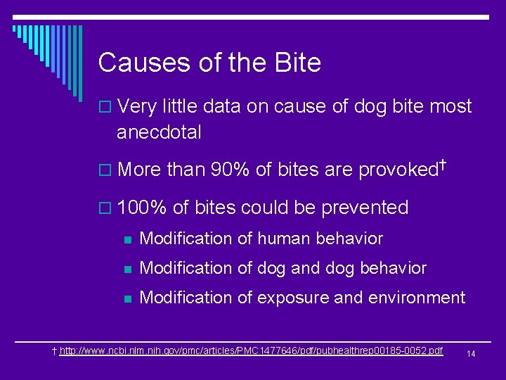 Causes of the Bite o Very little data on cause of dog bite most