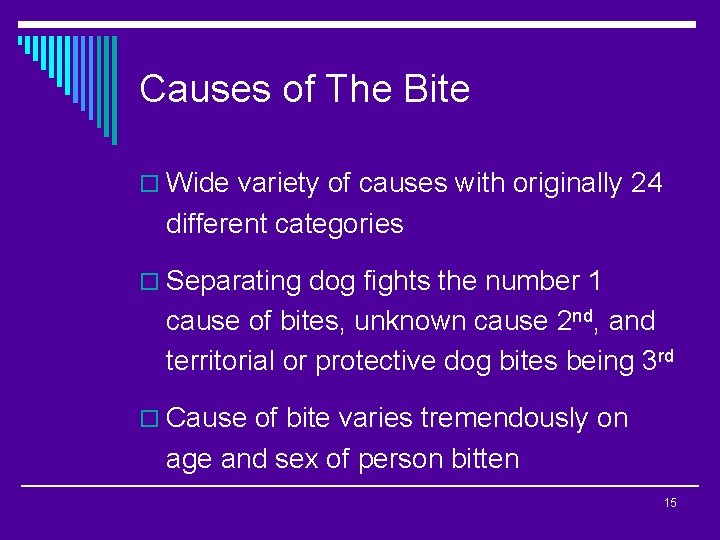 Causes of The Bite o Wide variety of causes with originally 24 different categories