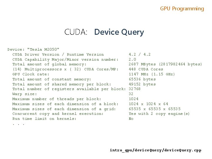 GPU Programming CUDA: Device Query Device: "Tesla M 2050" CUDA Driver Version / Runtime GPU Programming CUDA: Device Query Device: "Tesla M 2050" CUDA Driver Version / Runtime