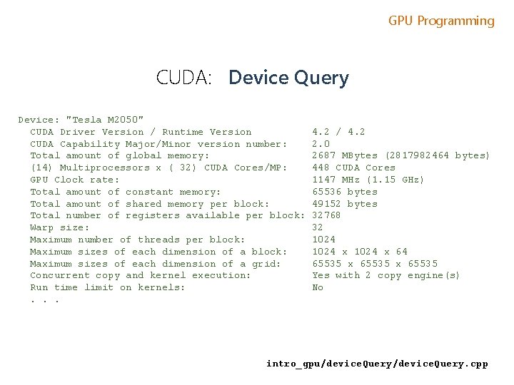 GPU Programming CUDA: Device Query Device: "Tesla M 2050" CUDA Driver Version / Runtime