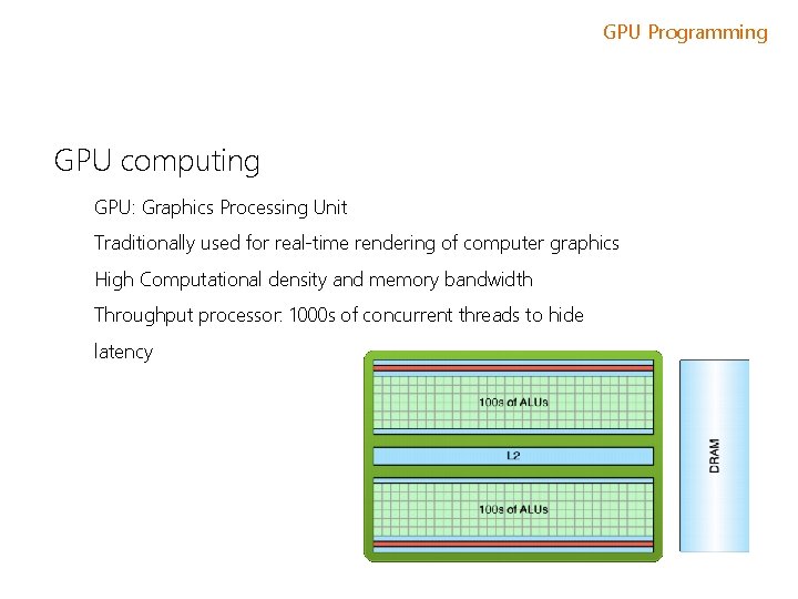 GPU Programming GPU computing GPU: Graphics Processing Unit Traditionally used for real-time rendering of