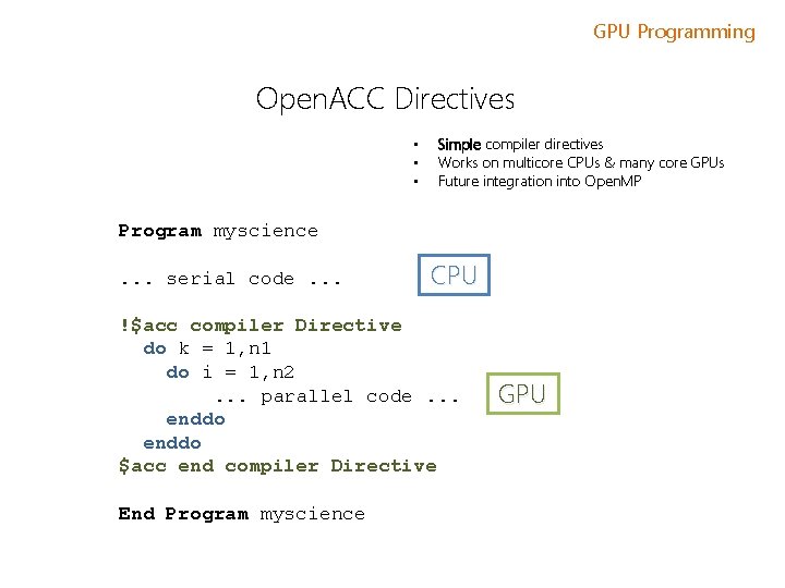 GPU Programming Open. ACC Directives • • • Simple compiler directives Works on multicore