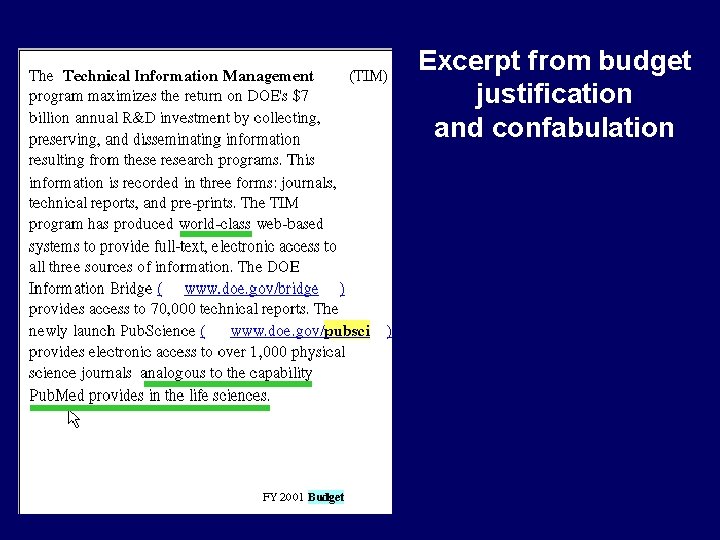Excerpt from budget justification and confabulation 