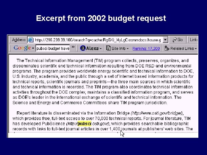 Excerpt from 2002 budget request 