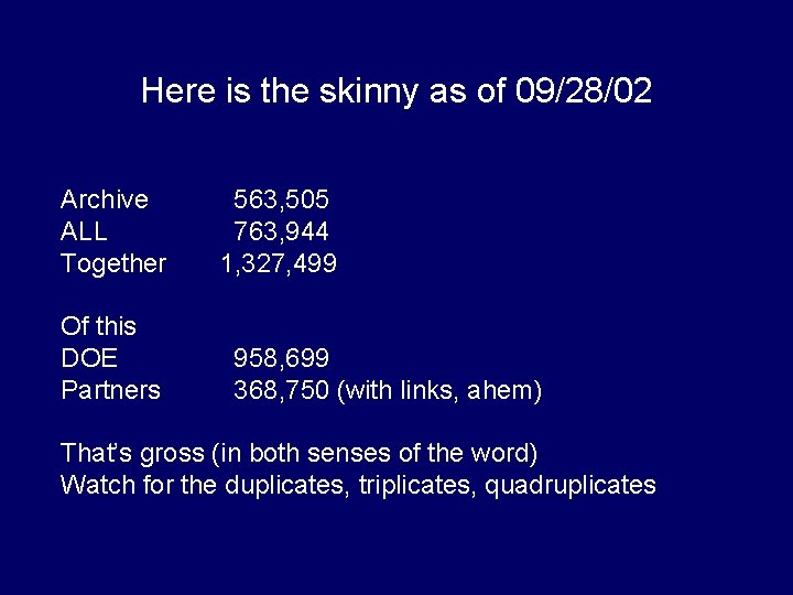 Here is the skinny as of 09/28/02 Archive 563, 505 ALL 763, 944 Together