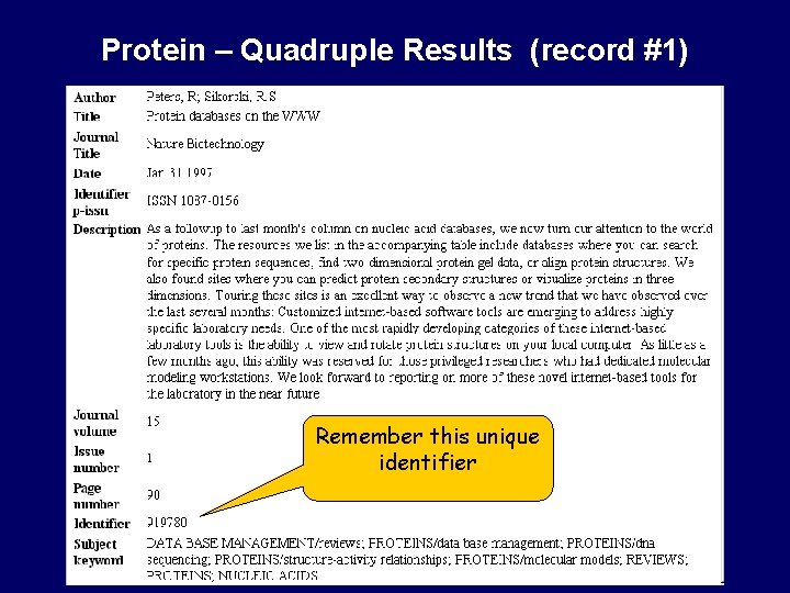 Protein – Quadruple Results (record #1) Remember this unique identifier 