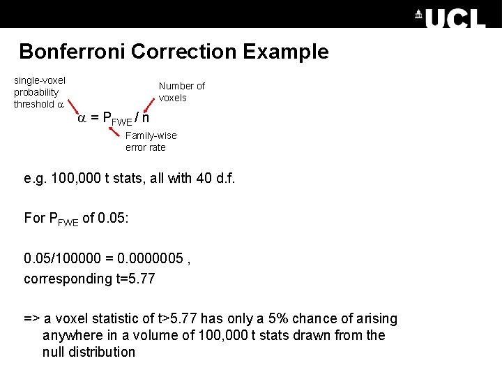 Bonferroni Correction Example single-voxel probability threshold Number of voxels = PFWE / n Family-wise