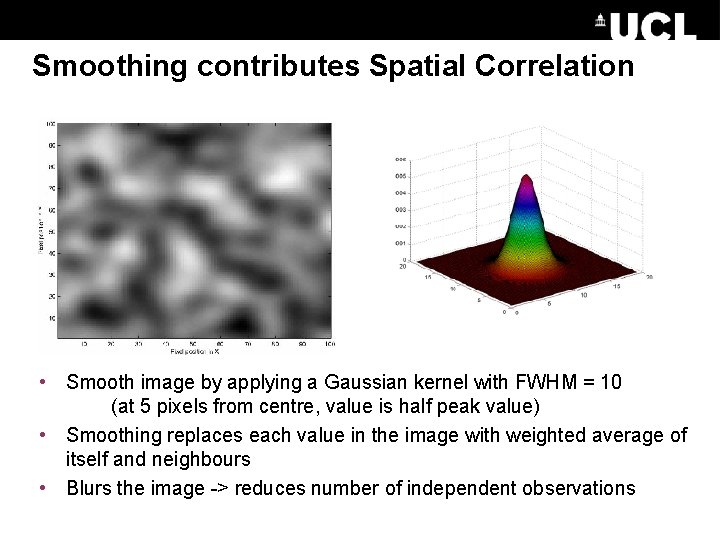Smoothing contributes Spatial Correlation • Smooth image by applying a Gaussian kernel with FWHM