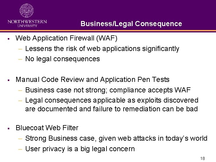 Business/Legal Consequence § Web Application Firewall (WAF) – Lessens the risk of web applications Business/Legal Consequence § Web Application Firewall (WAF) – Lessens the risk of web applications