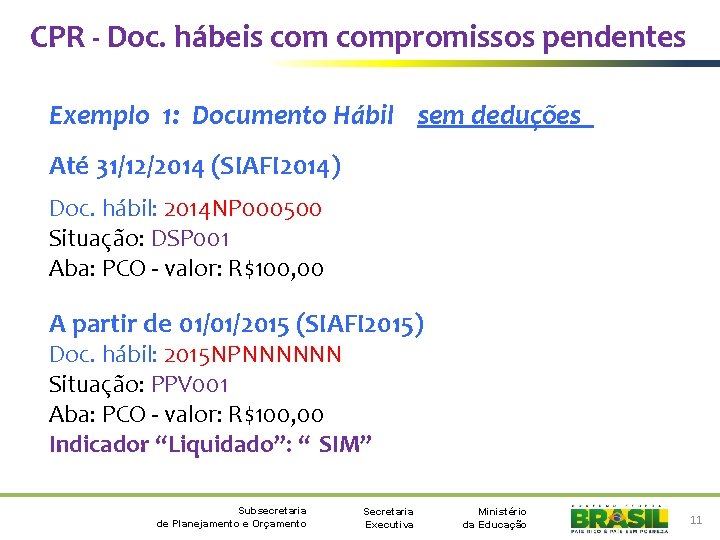 CPR - Doc. hábeis compromissos pendentes Exemplo 1: Documento Hábil sem deduções Até 31/12/2014