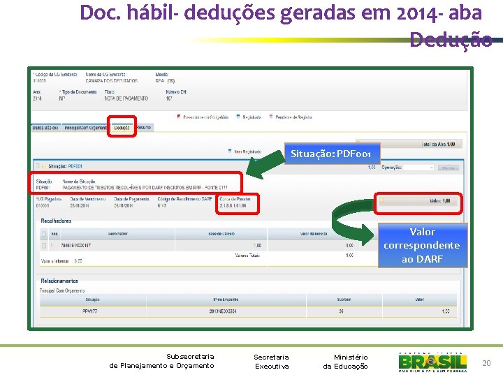 Doc. hábil- deduções geradas em 2014 - aba Dedução Situação: PDF 001 Valor correspondente