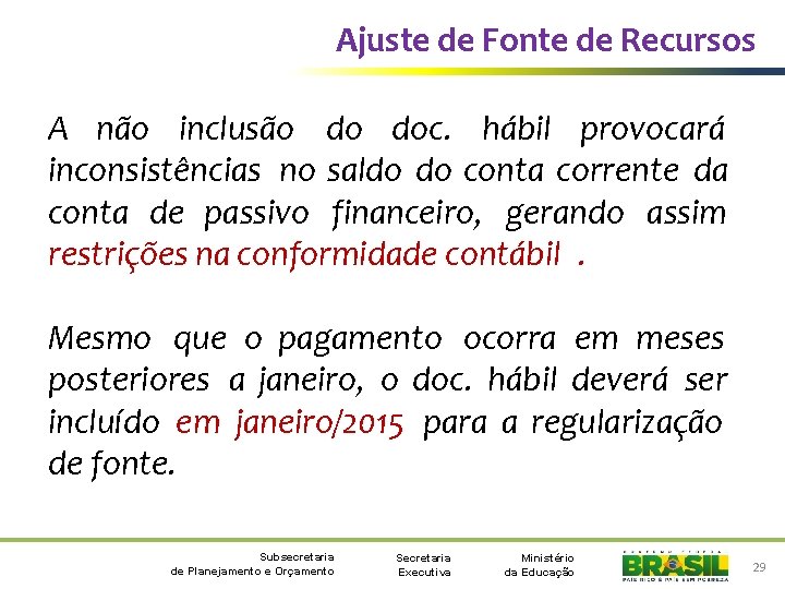 Ajuste de Fonte de Recursos A não inclusão do doc. hábil provocará inconsistências no