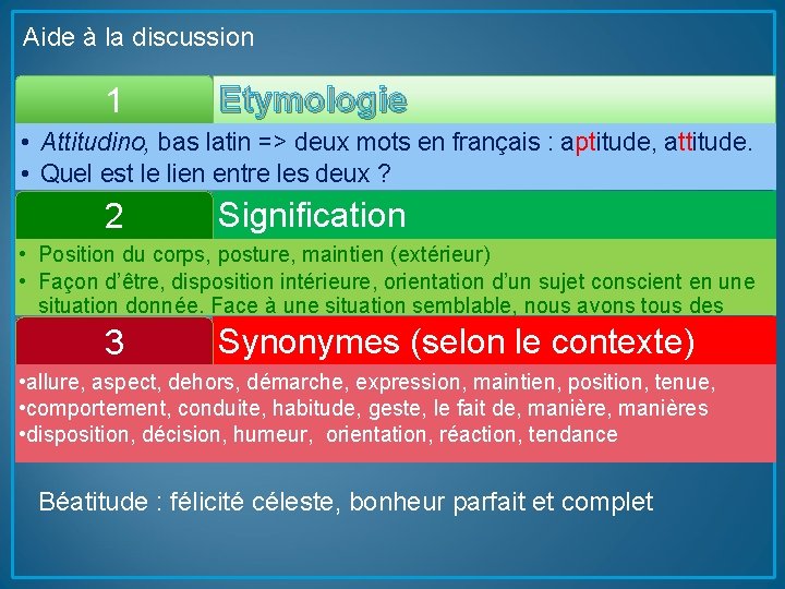 Aide à la discussion 1 Etymologie • Attitudino, bas latin => deux mots en