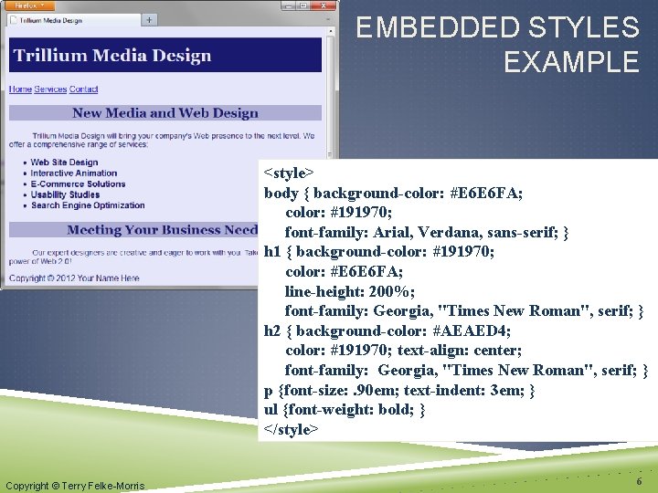 EMBEDDED STYLES EXAMPLE <style> body { background-color: #E 6 E 6 FA; color: #191970;