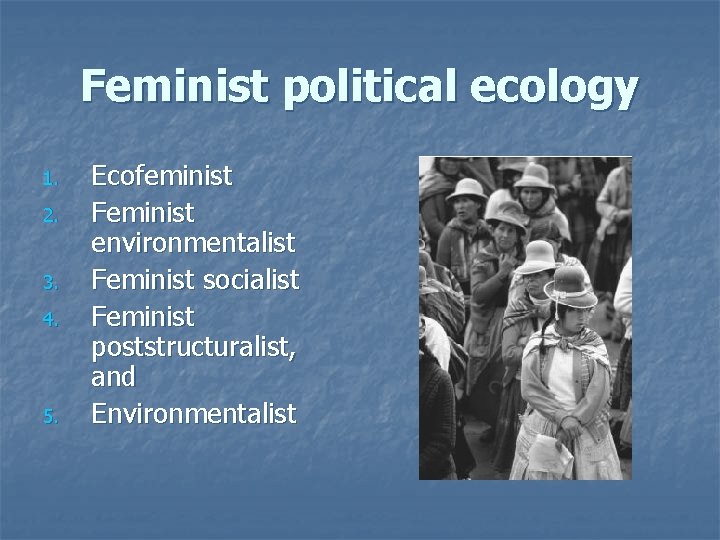 Feminist political ecology 1. 2. 3. 4. 5. Ecofeminist Feminist environmentalist Feminist socialist Feminist