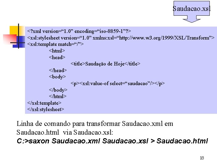 Saudacao. xsl <? xml version=“ 1. 0” encoding=“iso-8859 -1”? > <xsl: stylesheet version=“ 1.