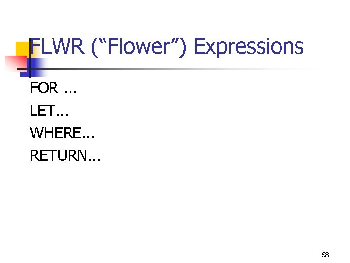 FLWR (“Flower”) Expressions FOR. . . LET. . . WHERE. . . RETURN. .