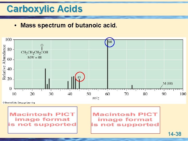 Carboxylic Acids • Mass spectrum of butanoic acid. 14 -38 