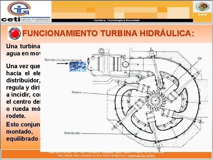 FUNCIONAMIENTO TURBINA HIDRÁULICA: Una turbina hidráulica es accionada por el agua en movimiento. Una