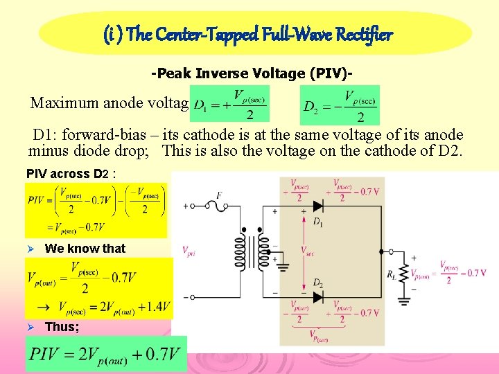 (i ) The Center-Tapped Full-Wave Rectifier -Peak Inverse Voltage (PIV)- Maximum anode voltage: D