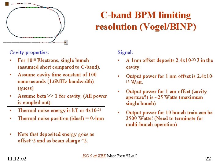 C-band BPM limiting resolution (Vogel/BINP) Cavity properties: • For 1010 Electrons, single bunch (assumed