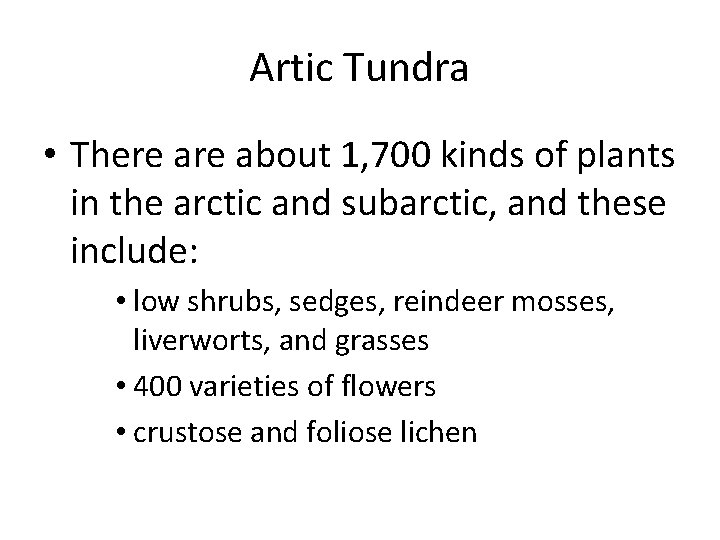 Artic Tundra • There about 1, 700 kinds of plants in the arctic and