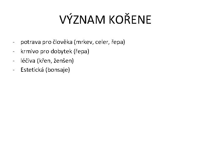 VÝZNAM KOŘENE - potrava pro člověka (mrkev, celer, řepa) krmivo pro dobytek (řepa) léčiva