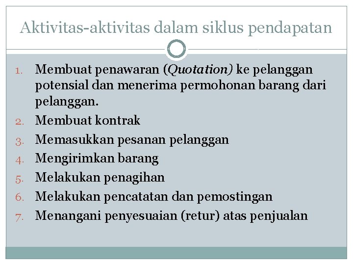 Aktivitas-aktivitas dalam siklus pendapatan 1. 2. 3. 4. 5. 6. 7. Membuat penawaran (Quotation)