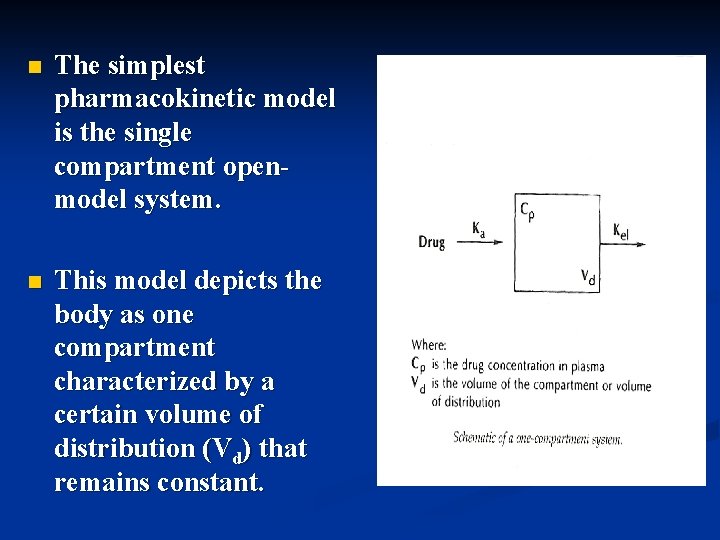 n The simplest pharmacokinetic model is the single compartment openmodel system. n This model