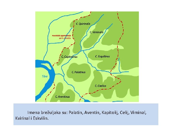  Imena brežuljaka su: Palatin, Aventin, Kapitolij, Celij, Viminal, Kvirinal i Eskvilin. 