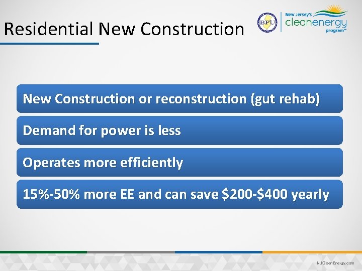 Residential New Construction or reconstruction (gut rehab) Demand for power is less Operates more