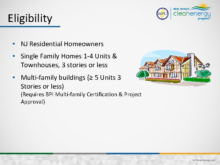 Eligibility • NJ Residential Homeowners • Single Family Homes 1 -4 Units & Townhouses,